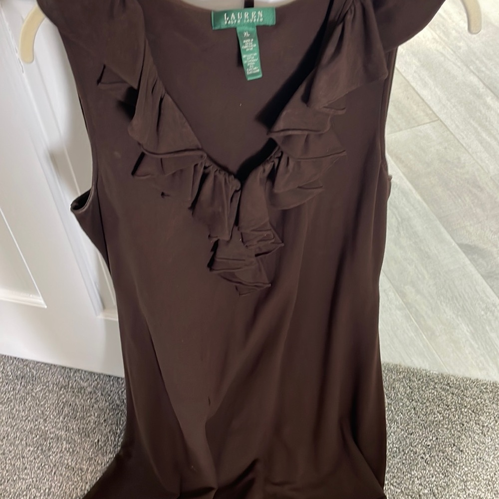 Ralph Lauren brown dress with ruffles at the neckline.